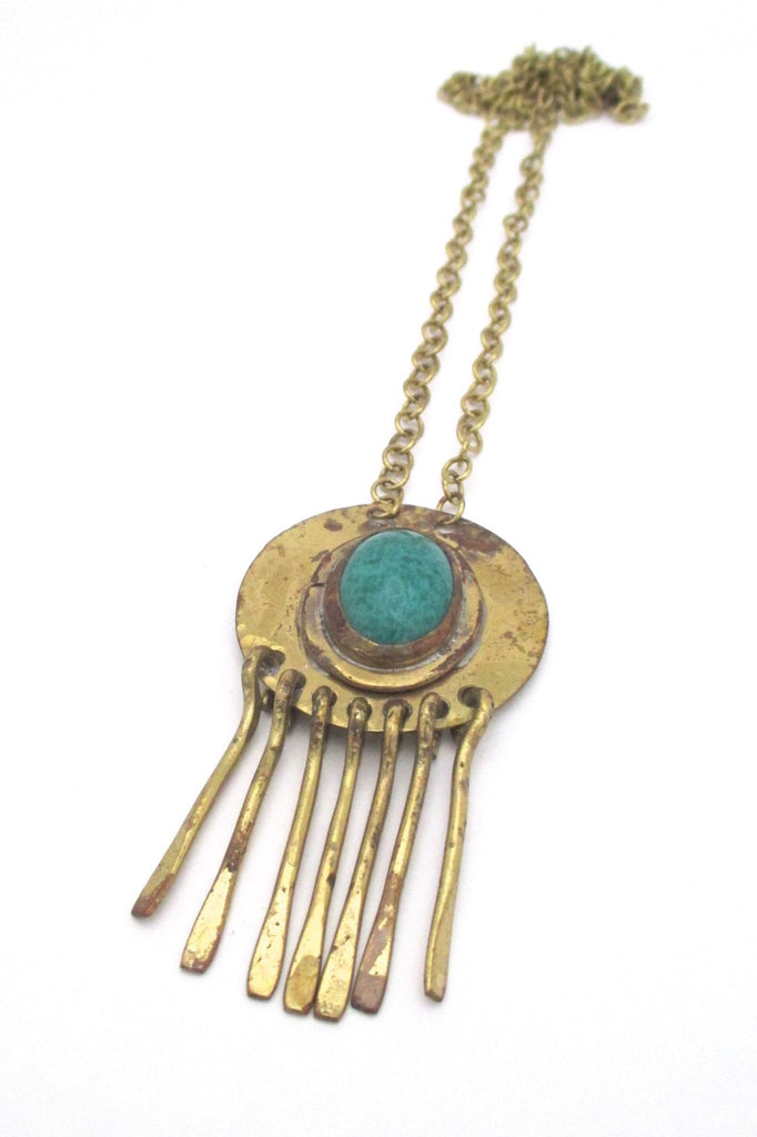 Rafael Alfandary Canada vintage brass mottled green glass fringe necklace