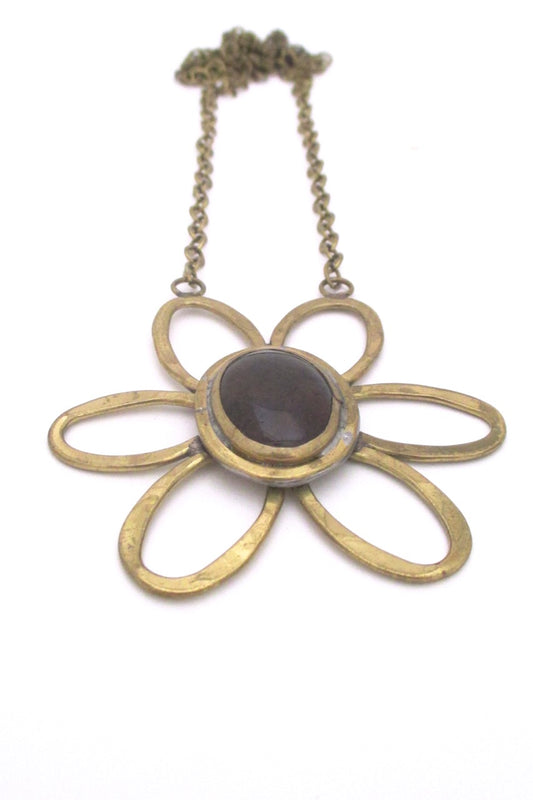 Rafael Alfandary Canada vintage brutalist brass purple glass daisy pendant necklace