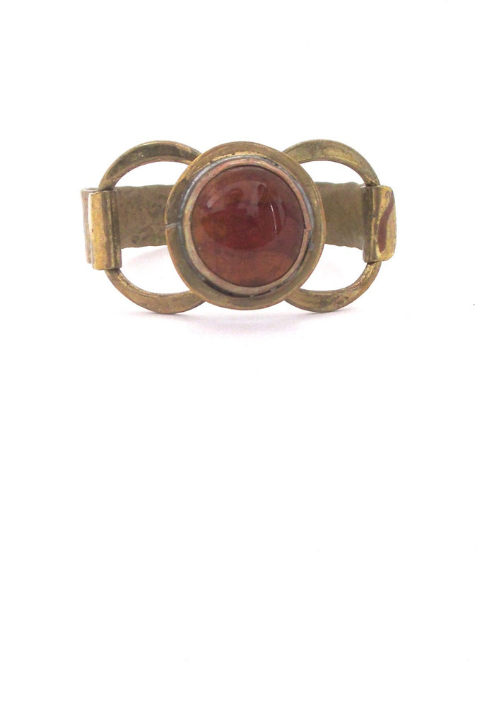 Rafael Alfandary Canada hammered brass round amber glass stone hinged bracelet vintage Canadian jewelry