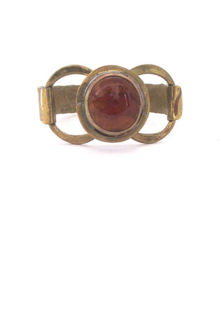 Rafael Alfandary Canada hammered brass round amber glass stone hinged bracelet vintage Canadian jewelry