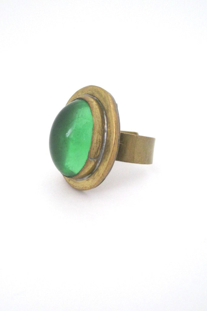 profile Rafael Alfandary Canada vintage brutalist brass clear green glass ring