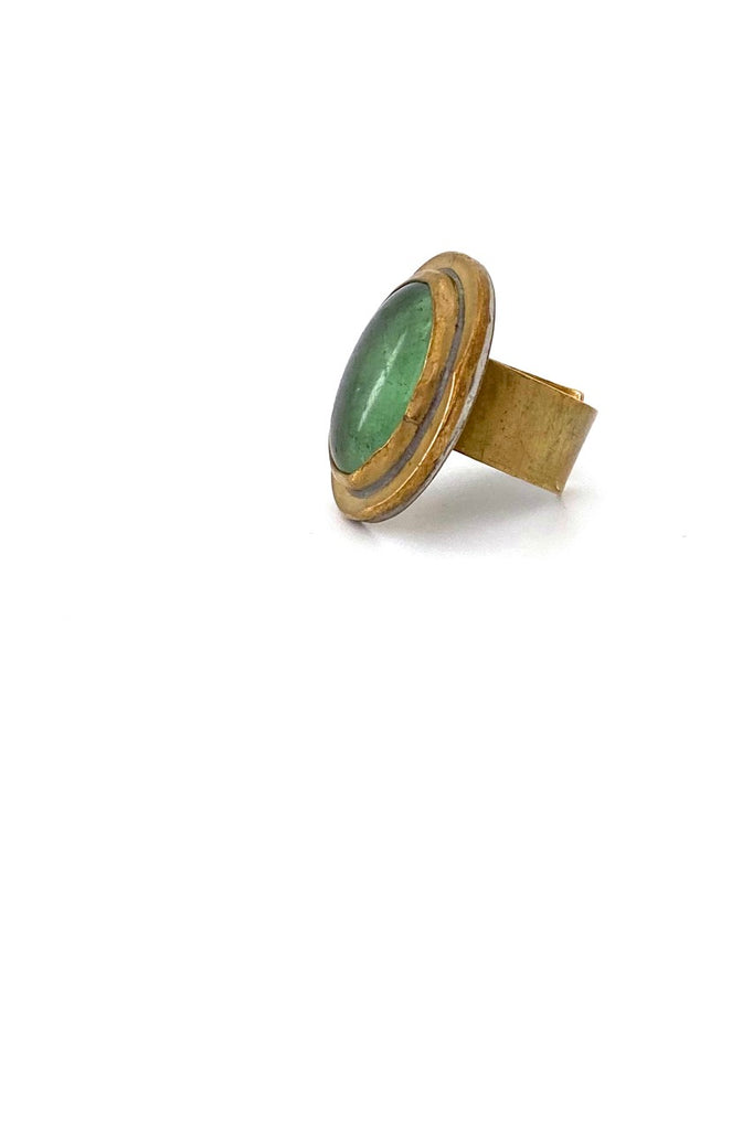 Rafael Canada Alfandary vintage brutalist brass oval ring clear grass green