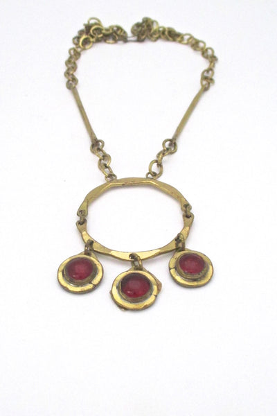 Rafael Alfandary Canada vintage brutalist brass red glass triple stone kinetic pendant necklace