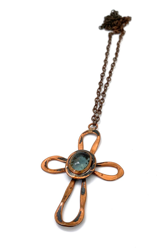 Rafael Alfandary Canada vintage brutalist copper pale blue glass cross pendant necklace Canadian design jewelry