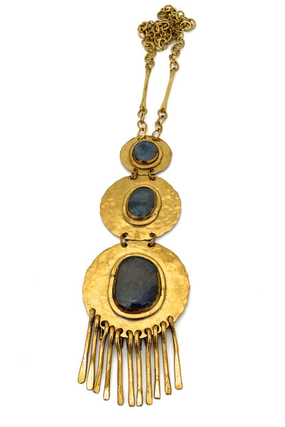 Rafael Alfandary Canada vintage extra large brutalist brass fringe necklace three stone blue grey