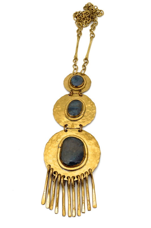 Rafael Alfandary Canada vintage extra large brutalist brass fringe necklace three stone blue grey