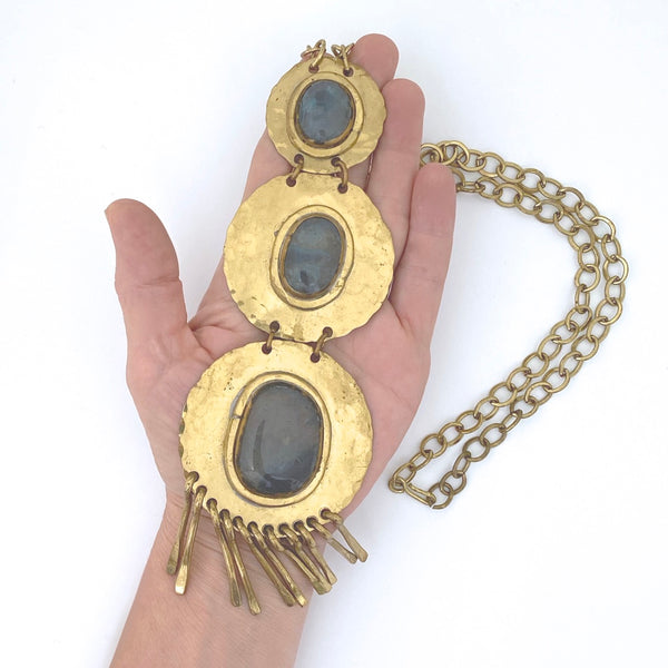 scale Rafael Alfandary Canada vintage extra large brutalist brass fringe necklace three stone blue grey