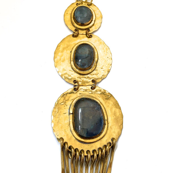 detail Rafael Alfandary Canada vintage extra large brutalist brass fringe necklace three stone blue grey