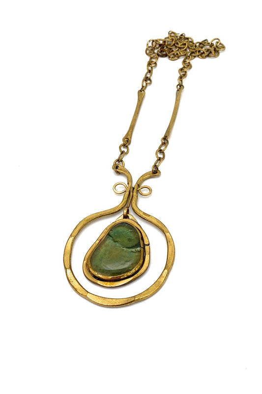 Rafael Alfandary Canada vintage large brutalist brass classic kinetic pendant necklace clear pale green