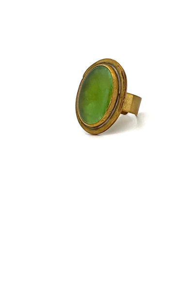Rafael Canada Alfandary vintage large brutalist brass oval ring clear grass green