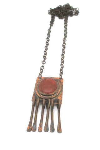 Rafael Alfandary Canada copper square fringe necklace with amber stone vintage jewelry