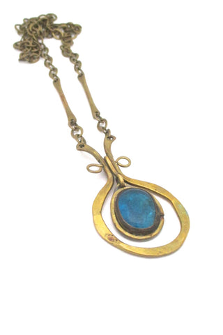 Rafael Alfandary Canada large brass clear aqua glass stone classic kinetic pendant necklace vintage jewelry