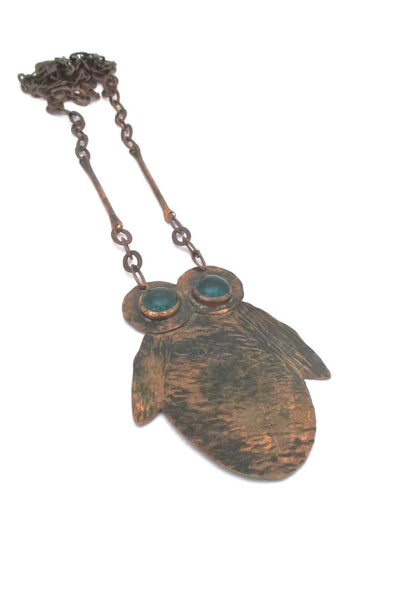 Rafael Alfandary Canada large copper owl pendant necklace green glass eyes vintage Canadian jewelry