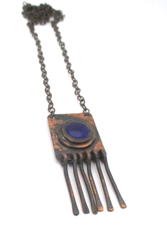 Rafael Alfandary Canada vintage copper cobalt blue glass fringe necklace