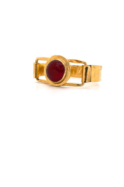 Rafael Alfandary Canada vintage brutalist gold tone hinged bracelet round clear red glass stone