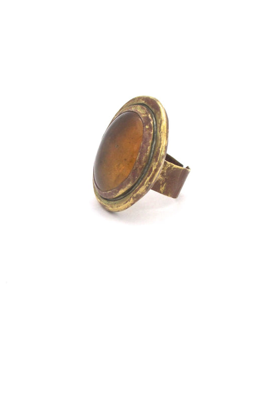 Rafael Alfandary Canada brass large oval amber glass stone ring vintage Canadian Modernist jewelry