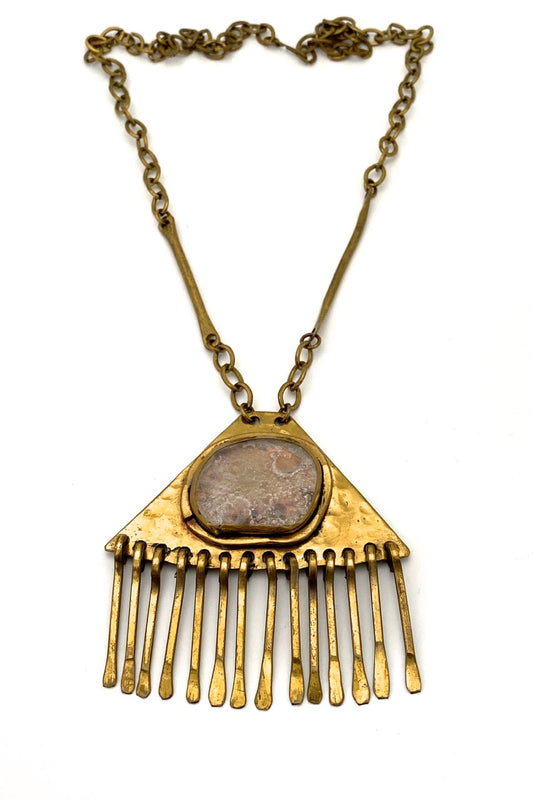 Rafael Alfandary Canada vintage brutalist large brass triangular fringe necklace clear glass stone