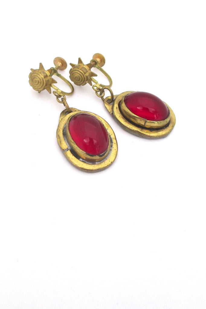 detail Rafael Alfandary Canada vintage mid century brass drop earrings in red
