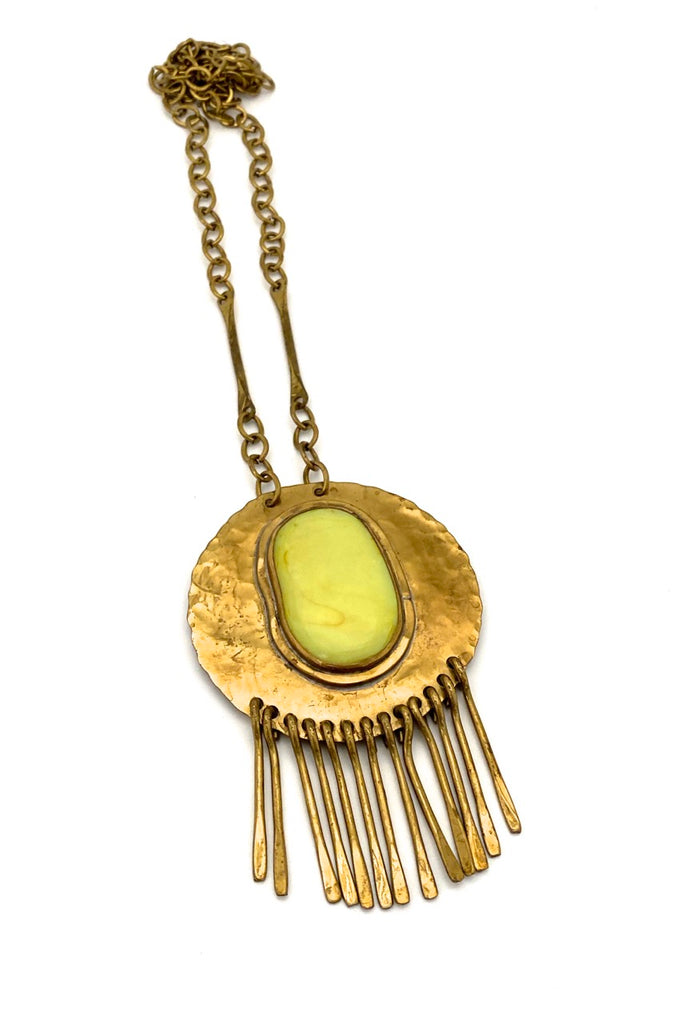 Rafael Alfandary Canada vintage brutalist extra large round brass fringe necklace lemon yellow glass cabochon