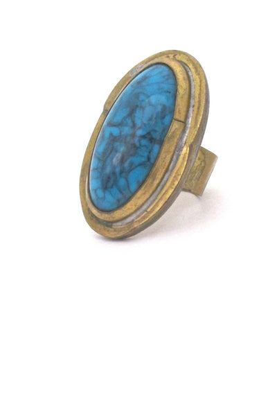 detail Rafael Alfandary Canada vintage large brutalist brass faux turquoise glass ring