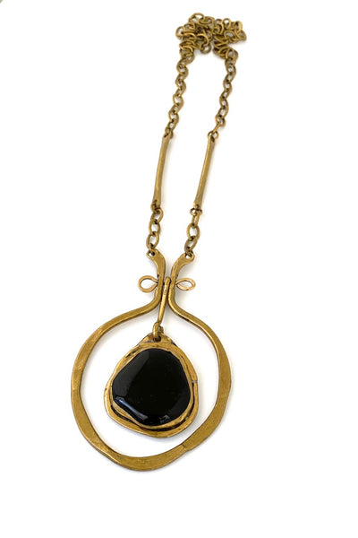 Rafael Alfandary Canada vintage brutalist large classic kinetic brass pendant necklace black glass stone