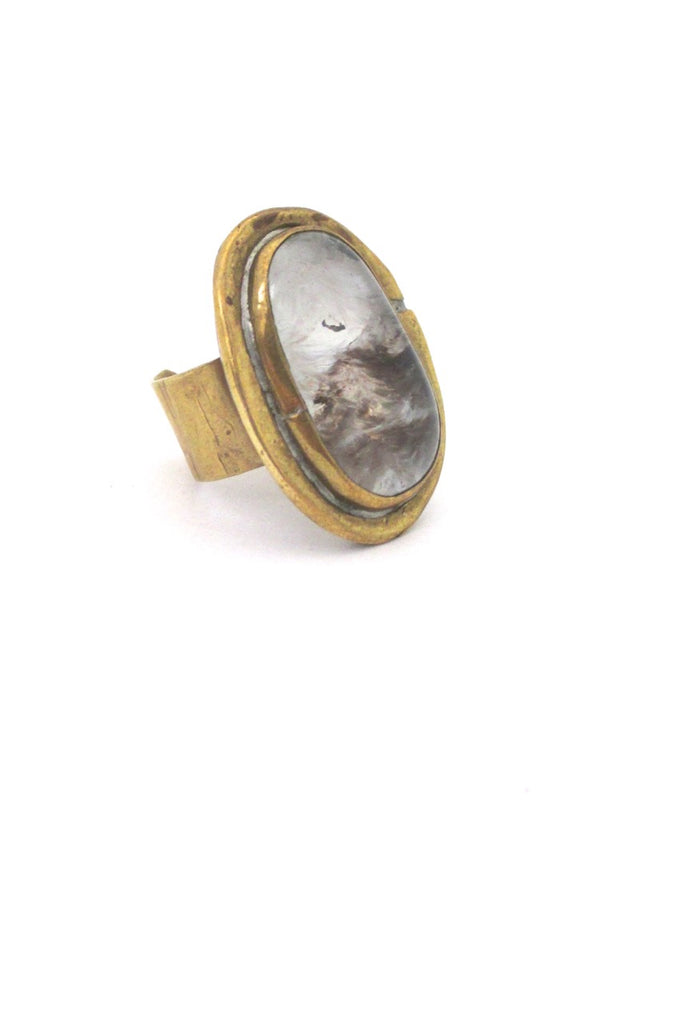 Rafael Alfandary Canada large vintage brutalist brass charcoal swirl glass oval ring