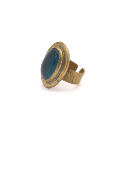 profile Rafael Alfandary Canada brass oval dark teal glass stone ring vintage Canadian Modernist jewelry