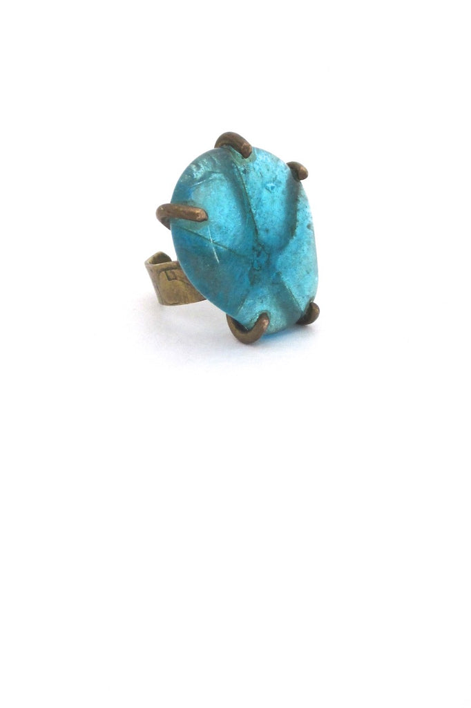 Rafael Alfandary Canada vintage brutalist brass aqua glass ring rare & early