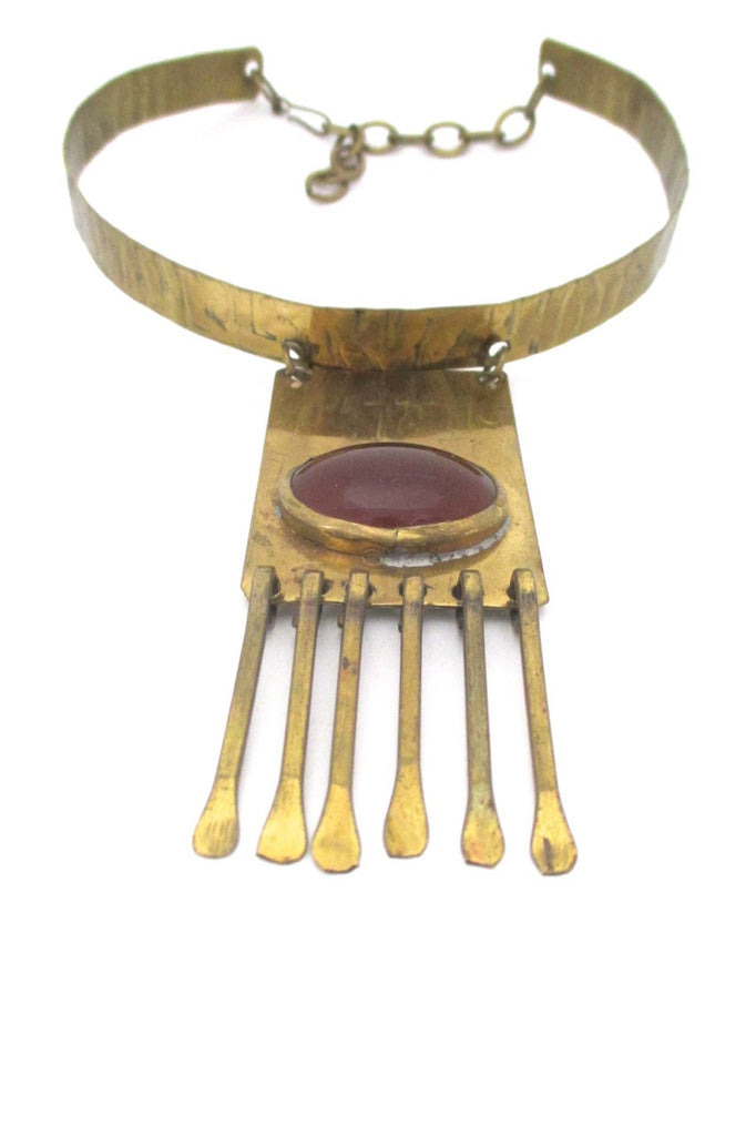 Rafael Alfandary Canada brutalist vintage brass and ginger glass kinetic fringe choker necklace