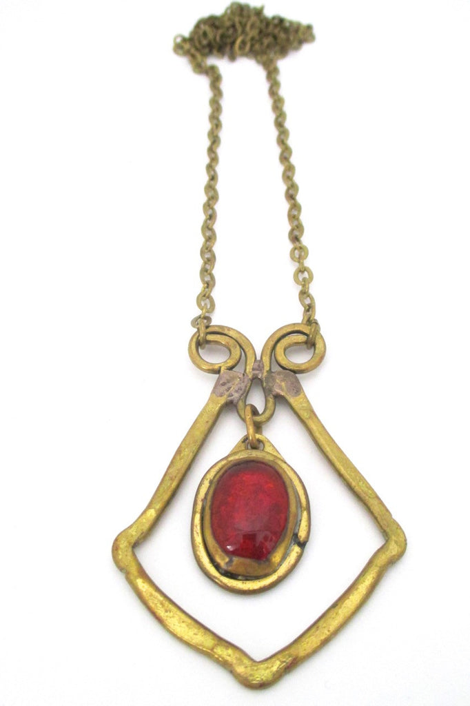 Rafael Alfandary Canada vintage brass and clear dark orange kinetic pendant necklace