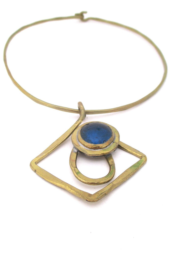 Rafael Alfandary Canada vintage brutalist brass and water blue glass choker necklace
