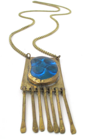 Rafael Alfandary Canada vintage brass fringe necklace with rare glass stone