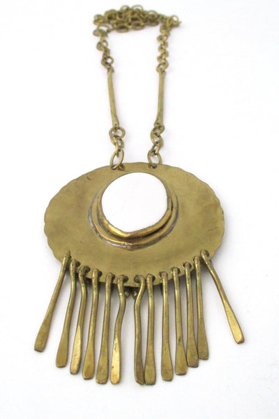 Rafael Alfandary Canada vintage brass large fringe necklace with white glass stone
