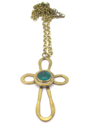 Rafael Alfandary Canada vintage brutalist brass and glass green cross pendant necklace