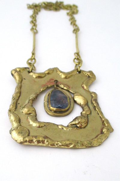Rafael Alfandary Canada vintage large brass and water blue glass kinetic pendant necklace