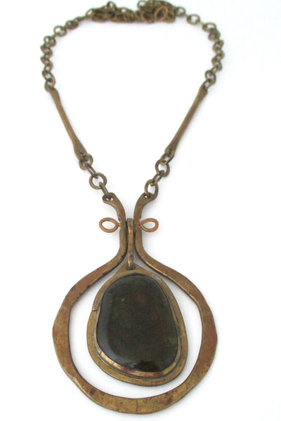 Rafael Alfandary Canada vintage brutalist brass and glass kinetic olive green pendant necklace