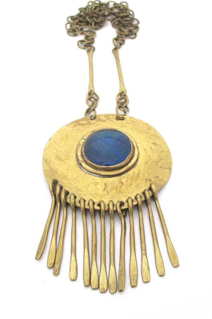 Rafael Alfandary Canada vintage brutalist brass and aqua glass long fringe necklace