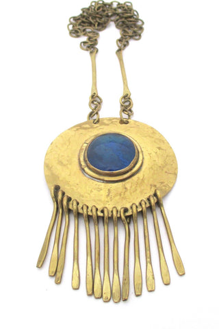 Rafael Alfandary Canada vintage brutalist brass and aqua glass long fringe necklace