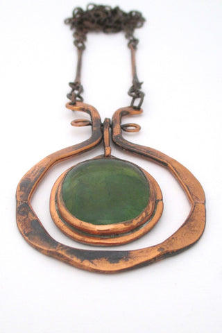 Rafael Alfandary Canada vintage brutalist copper and clear green cabochon kinetic pendant necklace