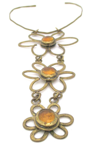 Rafael Alfandary Canada vintage brutalist brass glass three stone daisy choker necklace