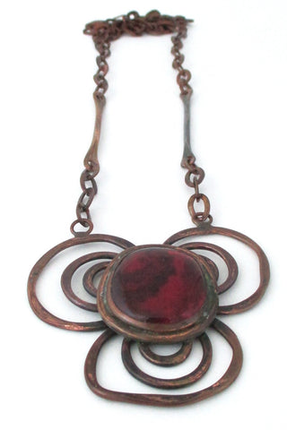 Rafael Alfandary Canada vintage brutalist copper and glass red trefoil necklace