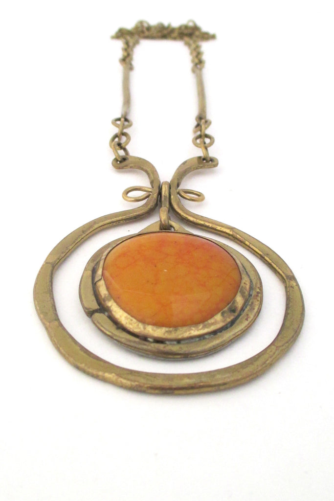 Rafael Alfandary Canada vintage brass and orange swirl glass kinetic necklace