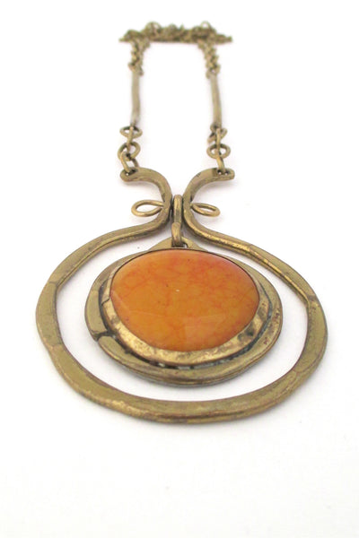 Rafael Alfandary Canada vintage brass and orange swirl glass kinetic necklace