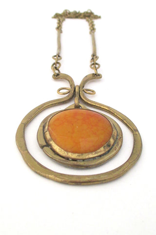 Rafael Alfandary Canada vintage brass and orange swirl glass kinetic necklace