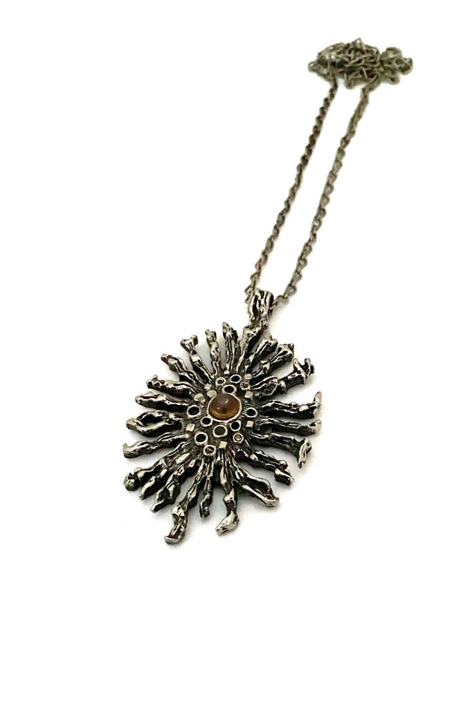 Robert Larin Canada vintage brutalist pewter brass pendant necklace Modernist jewelry design