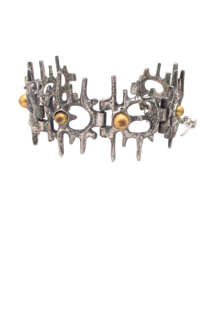 Robert Larin Canada vintage brutalist pewter openwork link bracelet with bronze spheres