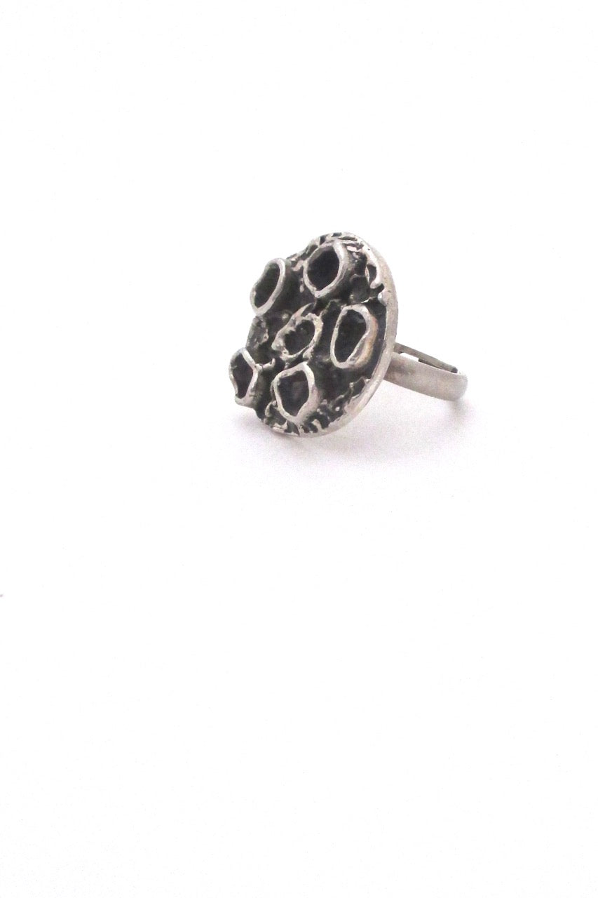 Robert Larin Canada vintage brutalist pewter signed craters ring 1970s design jewelry
