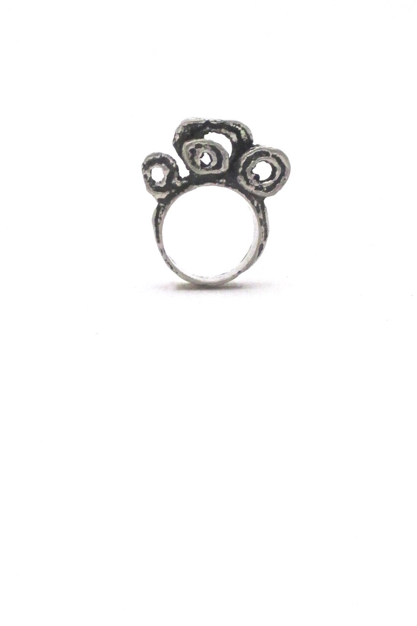 profile Robert Larin Canada vintage brutalist pewter large curlicues ring