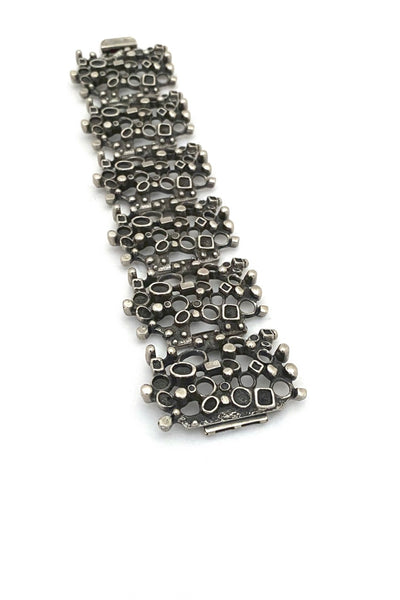 Robert Larin Canada vintage brutalist pewter extra wide lacy openwork panel link bracelet