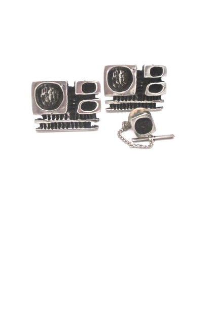 Robert Larin Canada vintage brutalist pewter large cufflinks tie tack set original box 1